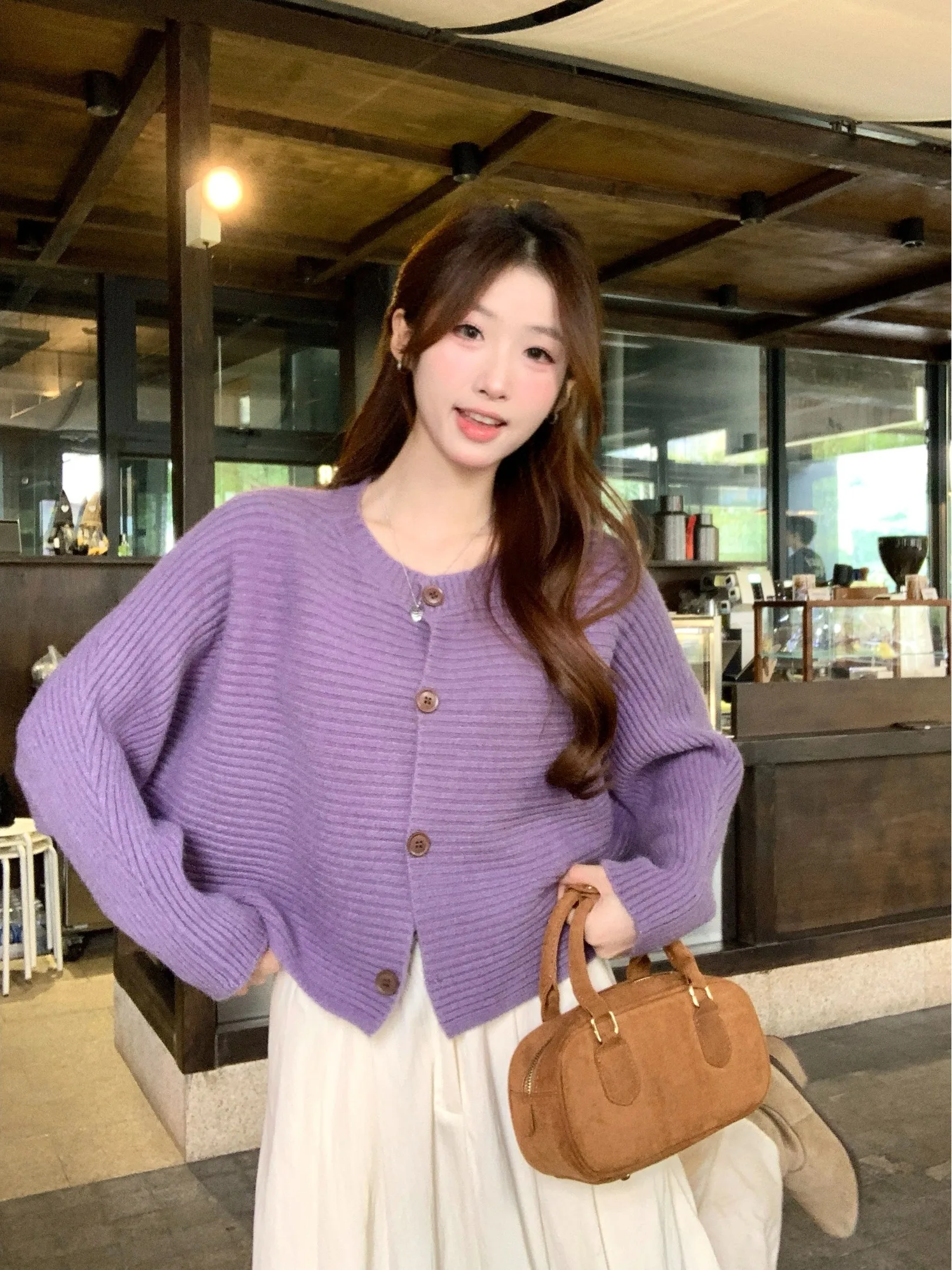 

Повседневный вязаный кардиган с круглым вырезом и длинными рукавами для женщин, осенняя новинка, фиолетовый, укороченный, на пуговицах, трикотаж