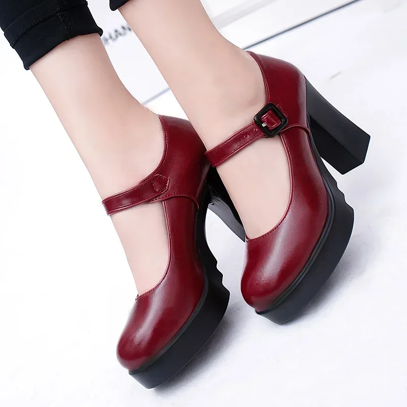 2024 Women\'s Shoes on Sale Heels Women Platform Pumps Spring Summer Shallow Mouth Buckle Strap Shoes Round Toe Shoes for Women