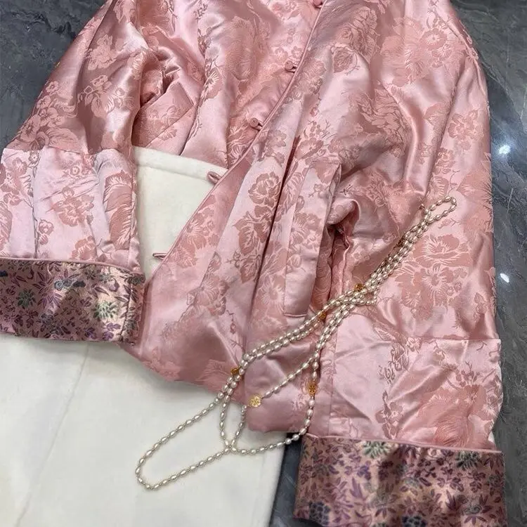 

Жаккардовая женская куртка с розовым цветком, зимнее плотное шелковое хлопковое пальто, женская новая верхняя одежда в китайском стиле
