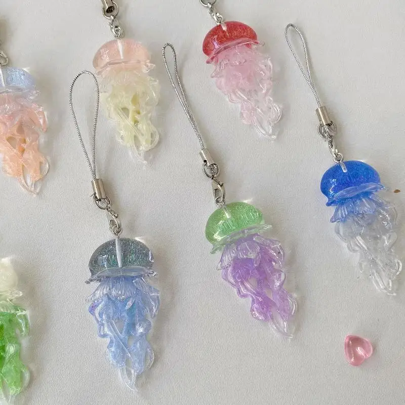Jelly Color Jellyfish Charm Keychain Y2K Beaded Pendant Phone Chain Car Hanging Decoration Bag Pendants Ornament Gifts