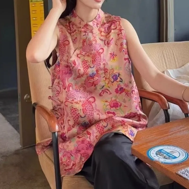 

Красный жилет Svel irt с цветочным принтом, новый топ с китайским флагом на пуговицах, женский летний модный тренд