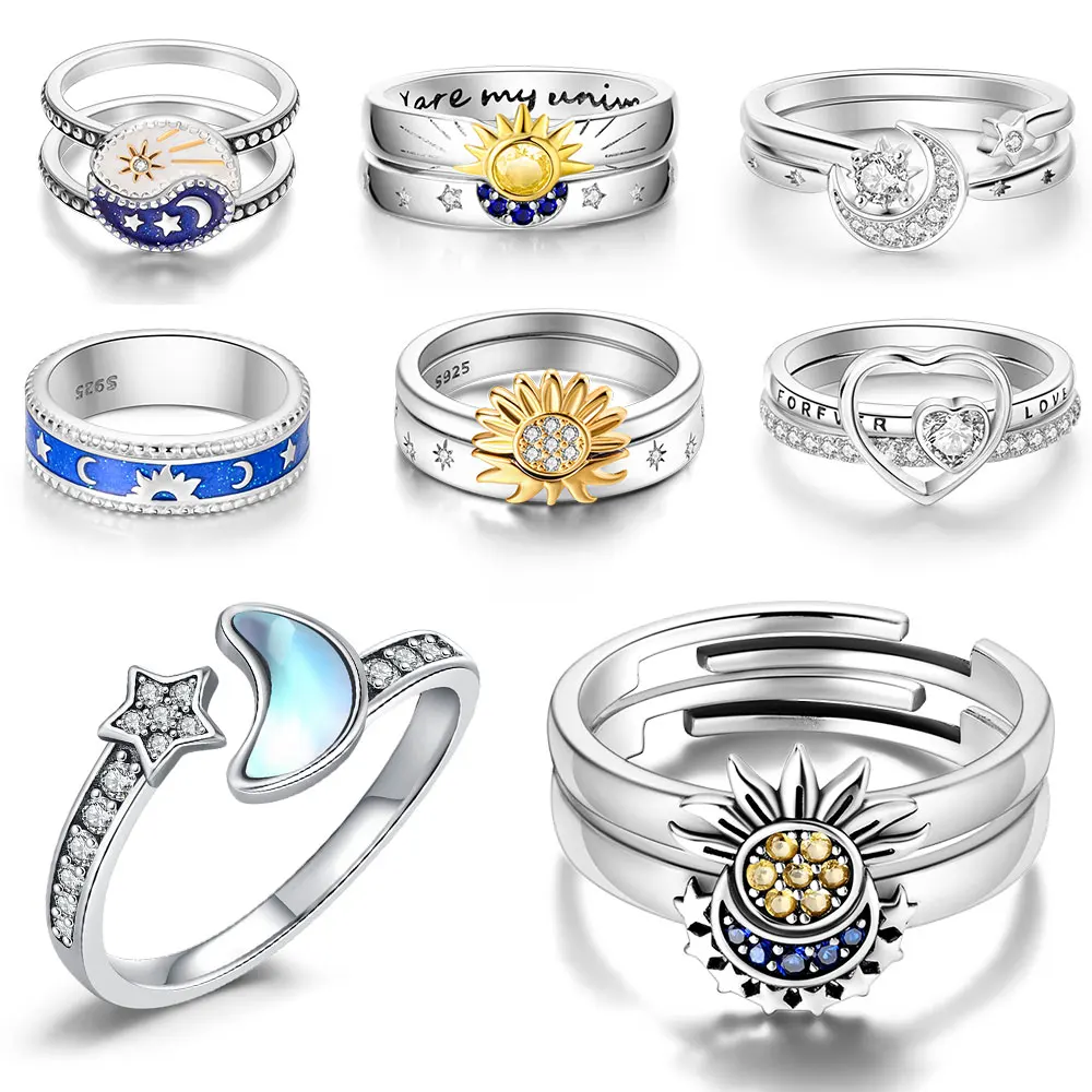 New 925 Silver Jewelry Moon Sun Star Rings For Women Wife Valentines's Day Gift Jewellery Lover 2 IN 1 Statement Band