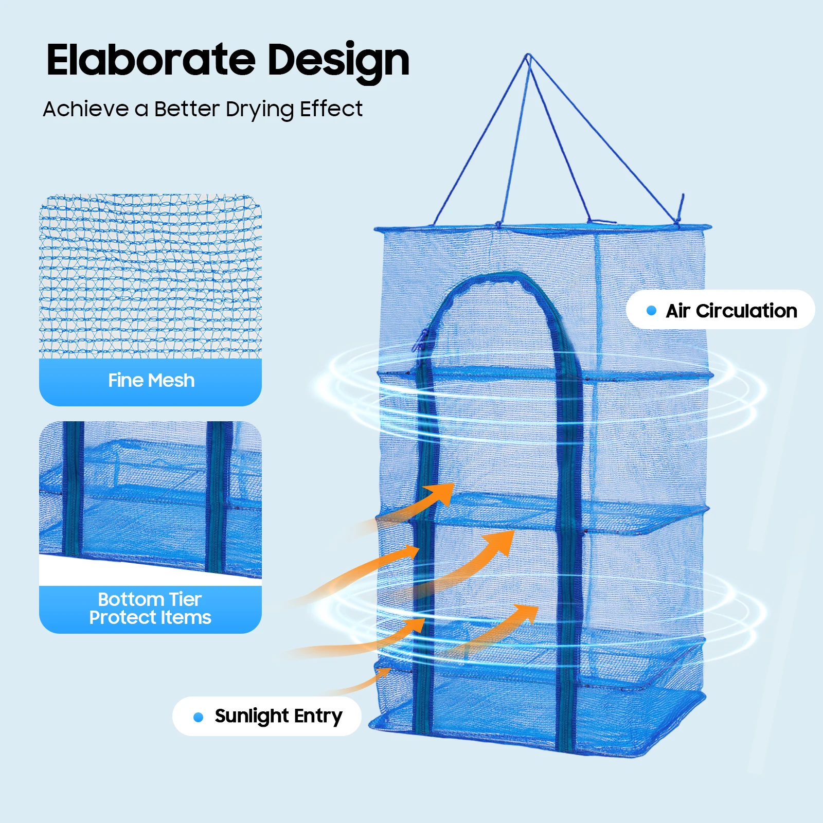 4-Tier Hanging Drying Net Rack, 8kg Capacity PE Steel Wire Mesh Storage for Food Laundry Herb Drying