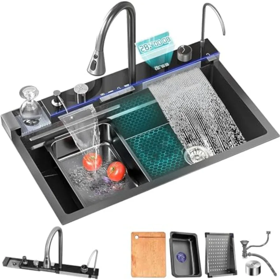 Digital Display Embossed Stainless Steel Nano Black Raindance Waterfall Drop In Sink with Pressurized Cup Washer and Two Waterf