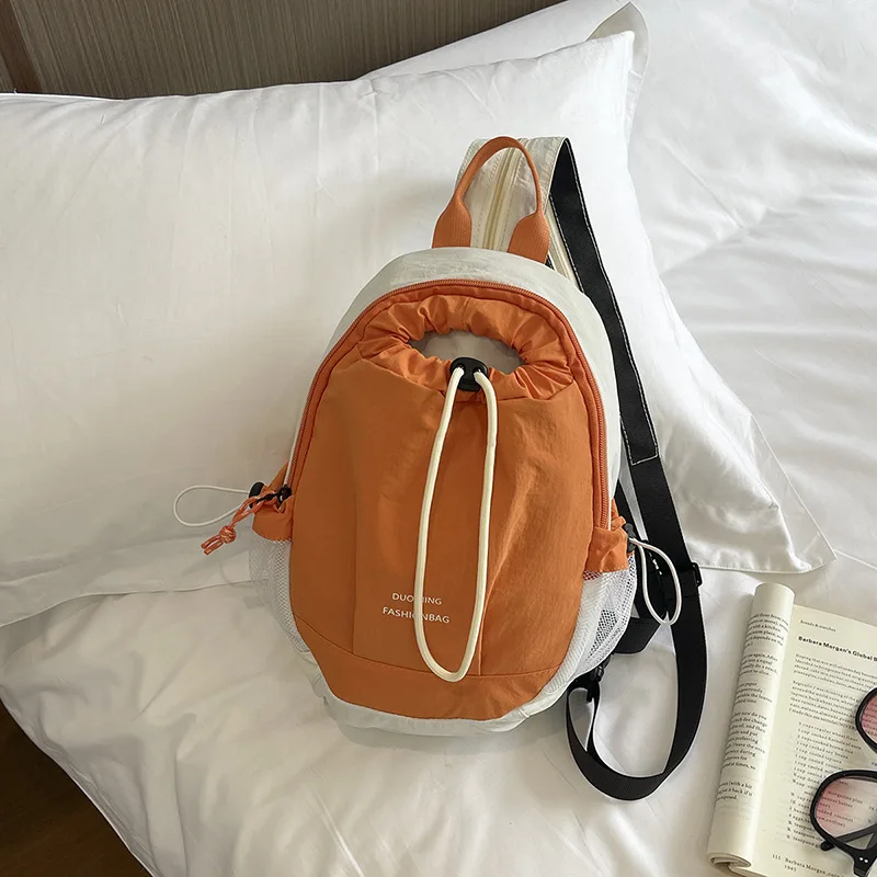 Small Fashion Women Backpack Color Block Drawstring Pocket Schoolbag Lightweight Mini Travel Rucksack Outdoor Sports Daypack
