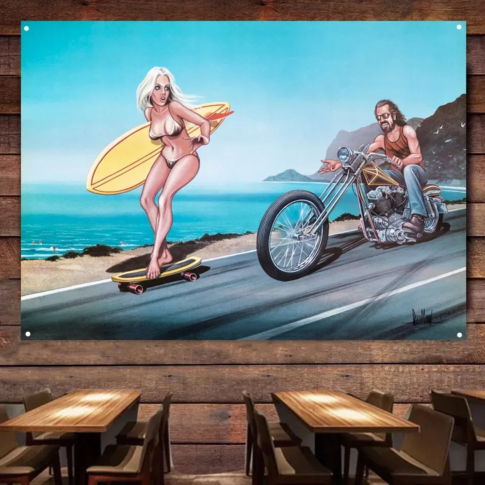 Surf Girl Motorcycle Flag Mural Retro Wall Decor Poster Car Painting For Garage Man Cave Bar Club Pub The Best Gift for Cyclists