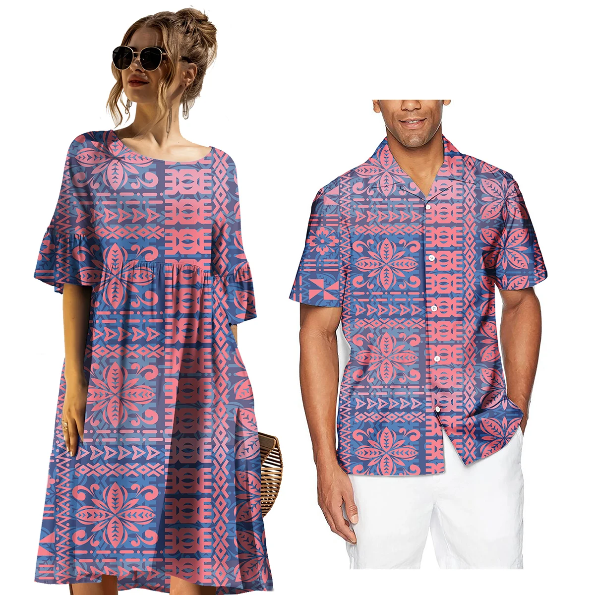 Big Size Women's Dress Customization Polynesian Samoan tribe Girl Short Sleeve Dress Match Hawaiian Shirt Men Couple Sets