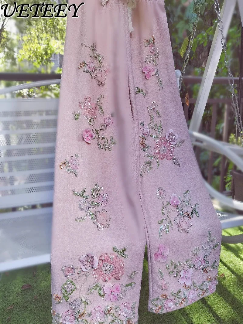 الفاخرة الراقية الخريف الشتاء الثقيلة الترتر ثلاثية الأبعاد زهرة السراويل الجنية الصوف مبطن المرأة عادية عالية الخصر واسعة الساق السراويل #3