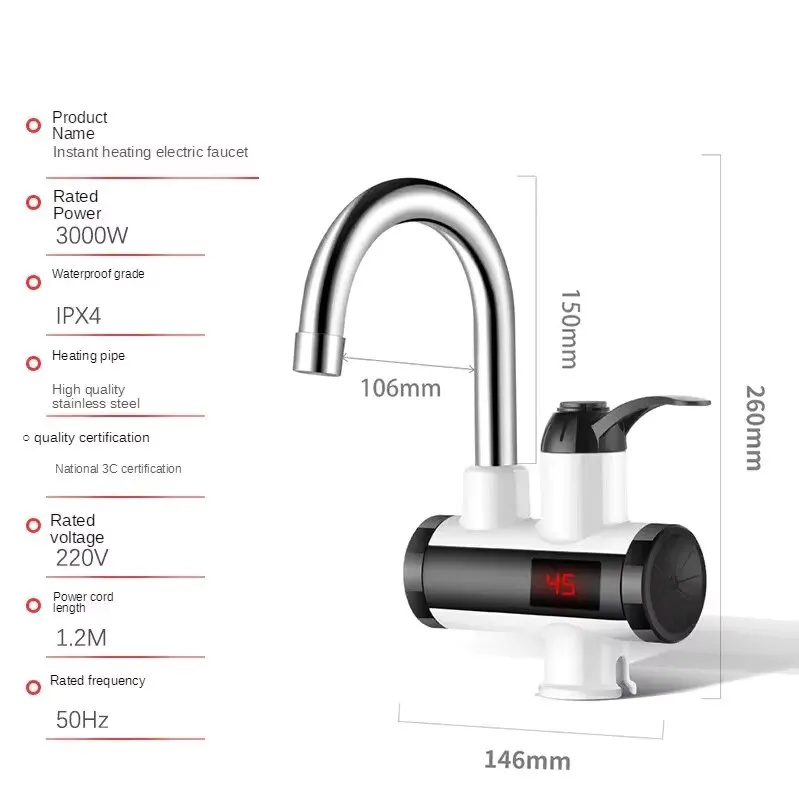 3000W 인스턴트 온수기 Tankless 히터 주방 전기 온수 탭 욕실 난방 수도꼭지 기계