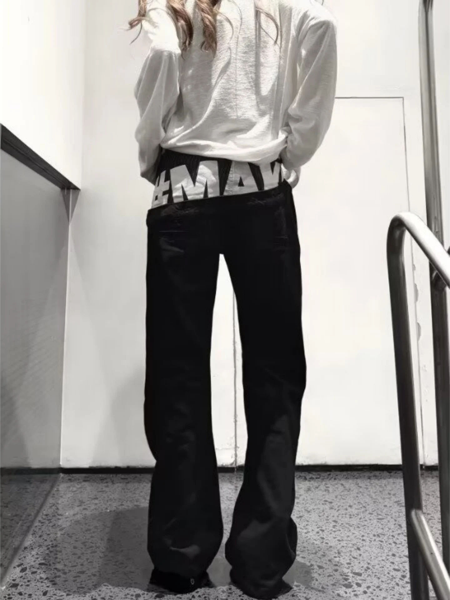 American Street Double Waist Letter Print Jeans Men's Subculture Dark Loose Slimming Rivet Design Straight Leg Pants