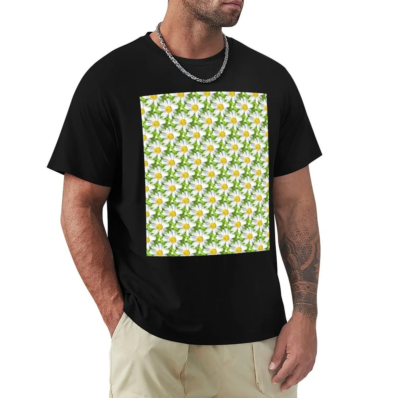 Happy Daisy Flower Seamless Pattern T-Shirt Breathable Basic Cotton T-Shirt