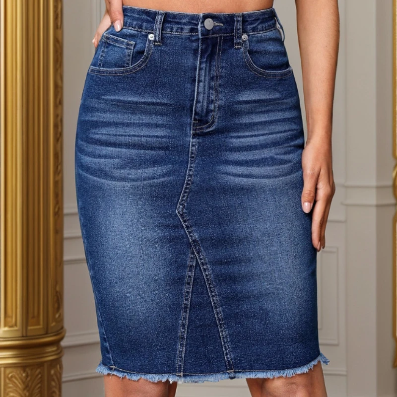 Skirts Women Mid Length Skirt Sexy Slim Fit Hip Wrap Elegant Splice Denim High Waist Pocket Button Simple Solid Summer