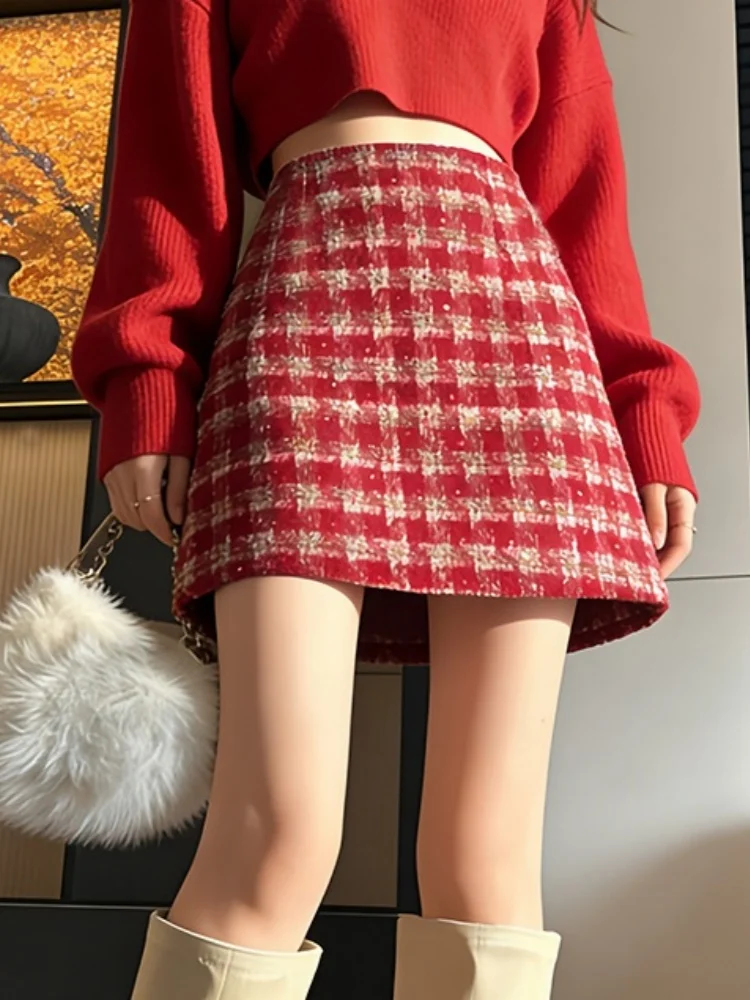 

SMTHMA Ladies Retro Plaid Embroidery Sequin Woolen Skirt Women's High Waist Red Tweed Short Skirt