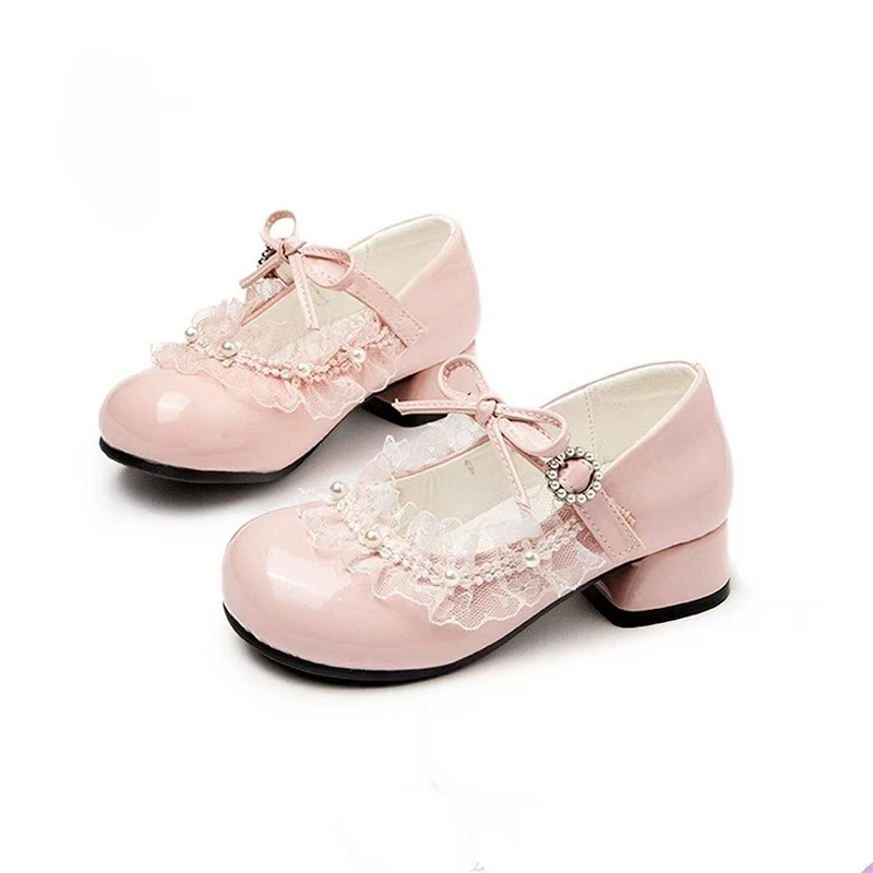 Girls Leather High Heels Princess Chic Lace with Pearls Beading Bow-knot Kids Mary Janes for Party Wedding Soft Leather Shoes