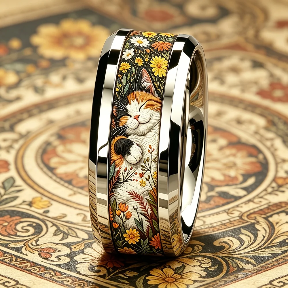 Niedlicher schlafender Calico-Katze & Wildgänseblümchen-Blumen-Intarsienring Elegante Edelstahlringe für Frauen Männer Hochzeit Party Schmuck Geschenk – Detail 3