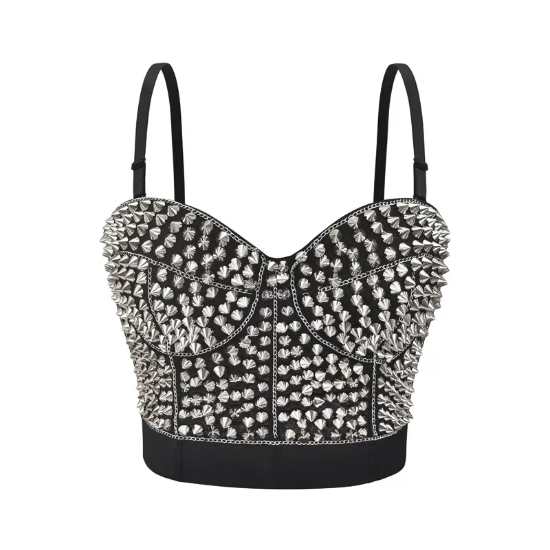 Femme Rivets Spaghetti Strap Gothic Push Up Bra Steampunk Bralette Crop Top For Women Rave Rock Nightclub Bars Brassiere Silver