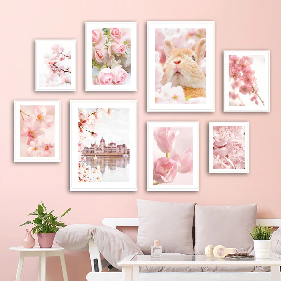 Budapest Parliament Pink Sakura Rose Candles Rabbit Poster Nordic Wall Art Print Canvas Painting Pictures For Living Room Decor