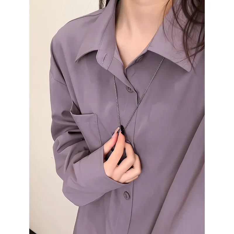 Korean Style Pure Color Loose Casual Shirt Unisex Spring Season Lazy Style Simple Outerwear Long Sleeve Polyester Fiber