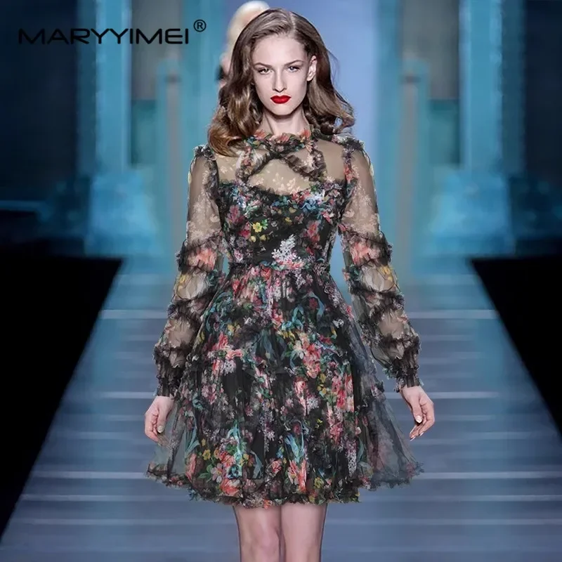 MARYYIMEI Fashion Women's Summer dress Lantern Sleeve Mesh Floral-Print Edible Tree Fungus Party Holiday Ball Gown Dresses
