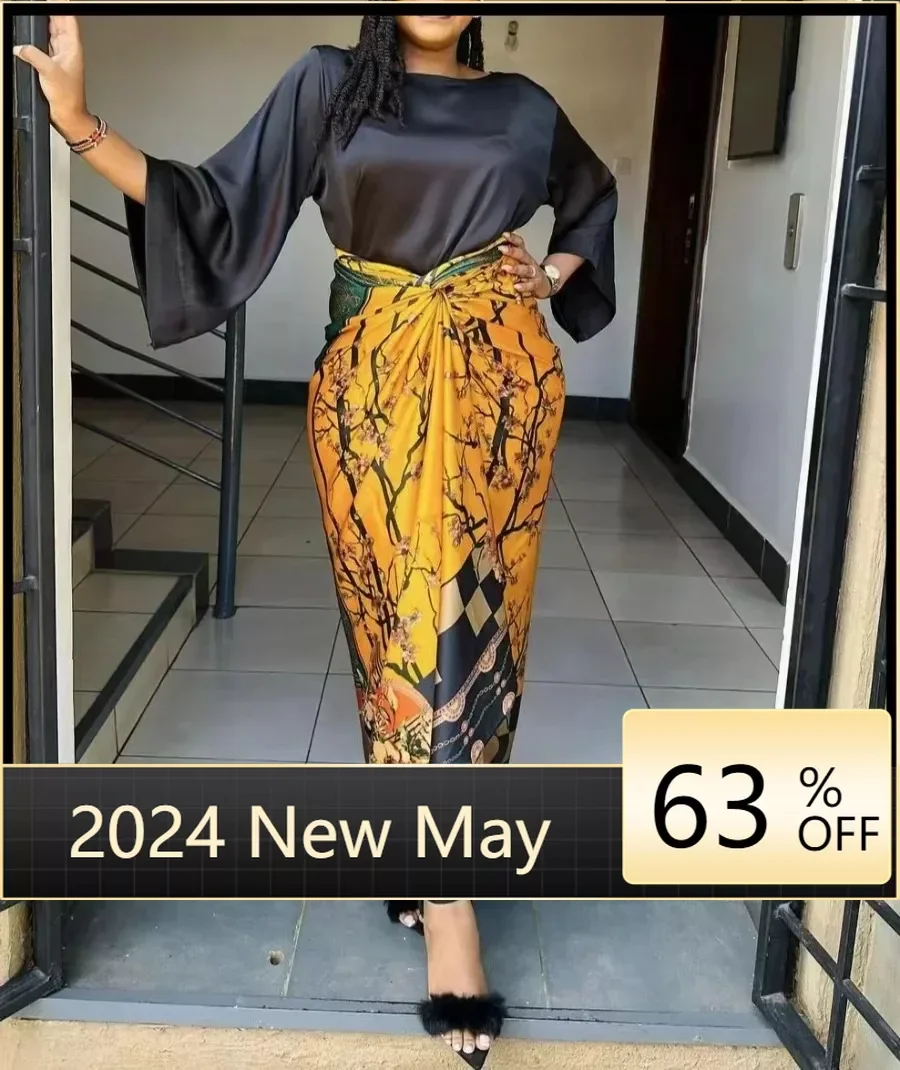 

African Printed Two Piece Sets Skirt Womens O-neck Loose Flare Sleeve Lace-up Skirt 2 Piece Suit Womens