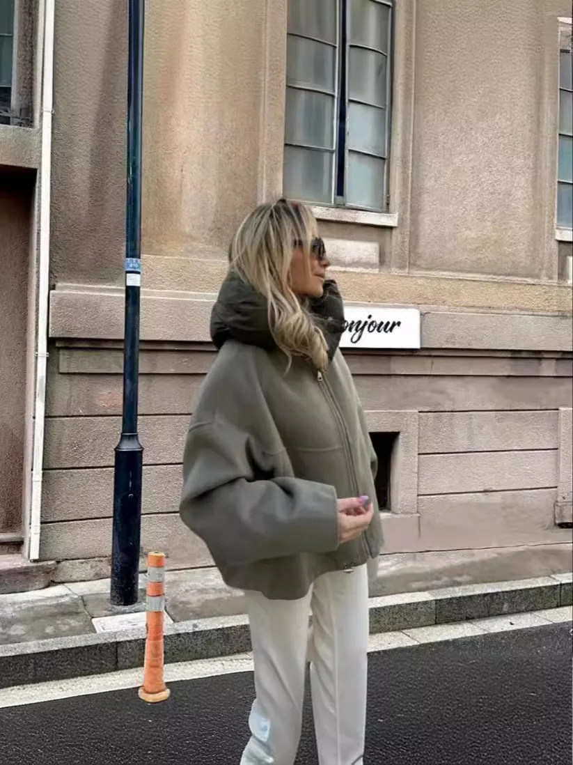 

Fashion Women Patchwork Jacket with Hat Casual Long Sleeve Lady Coat Autumn Winter New Loose Female Outerwear High Street