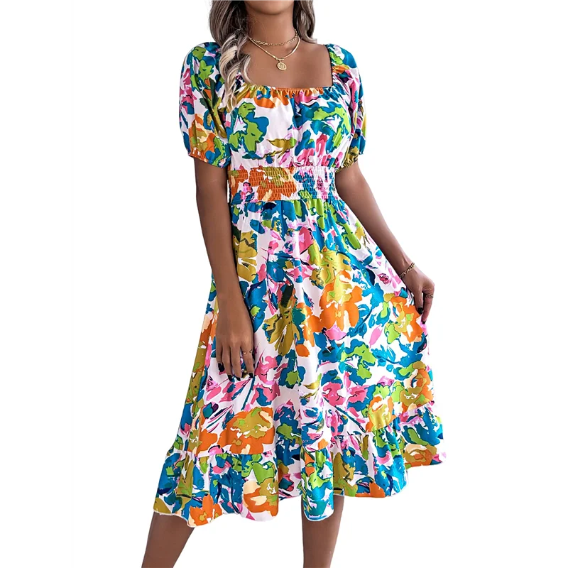【SEE】Vestidos casuales de verano para mujer, vestido midi ahumado floral bohemio con mangas abullonadas y cuello cuadrado, primavera 2025