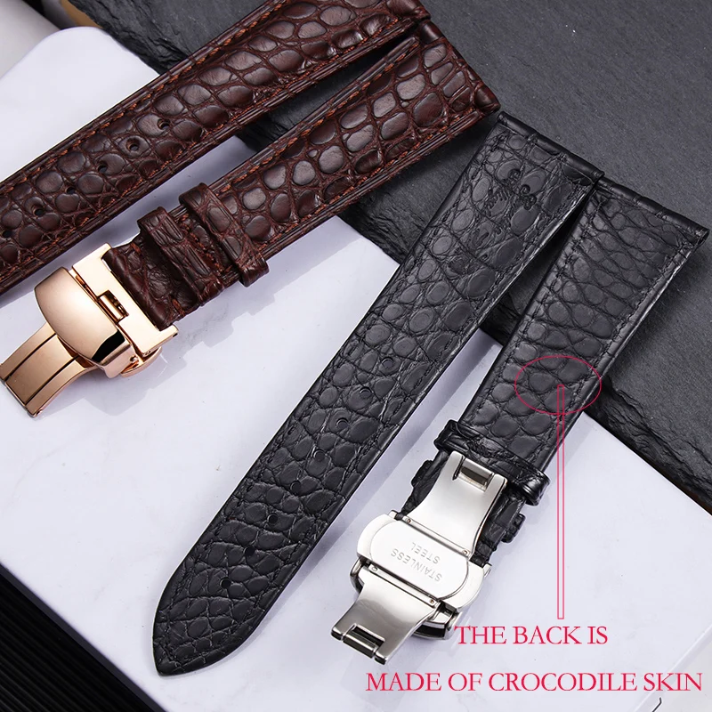 High quality Two-sided Crocodile Skin leather watch strap Butterfly clasp 19mm 20mm 21mm 22mm men metal Watchband soft bracelet