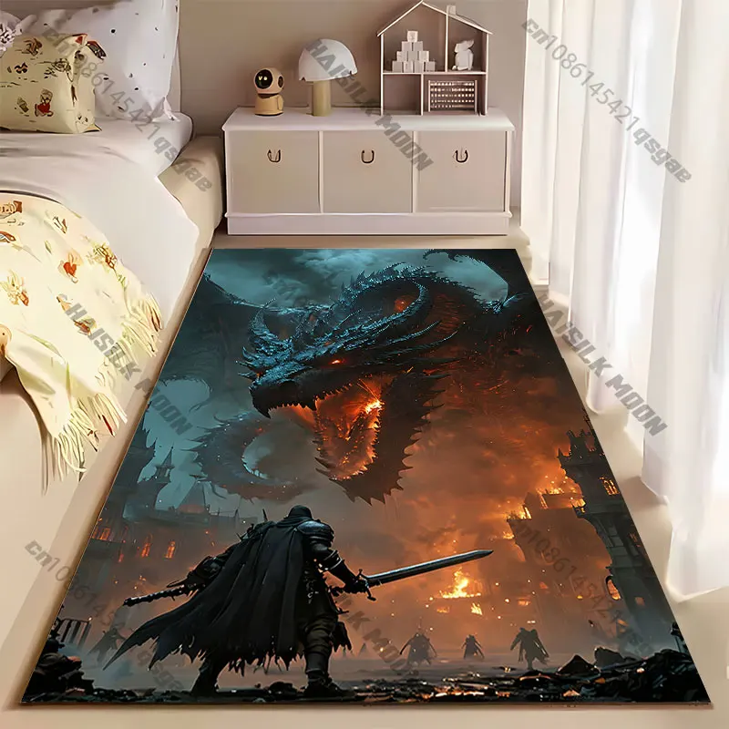 Knight facing giant fiery dragon carpet Yoga living room room decor children's crawling mat doormat area rug games mat