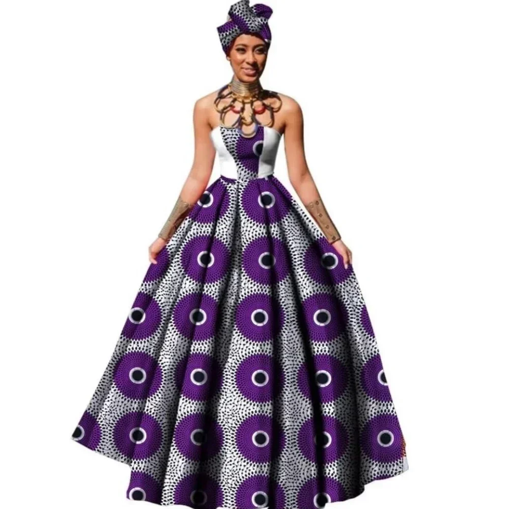 Womens African Dress Dashikis Print Ball Gown Party Dress Maxi and Strapless Women Clothing with Free Headwear Plus Size WY1805