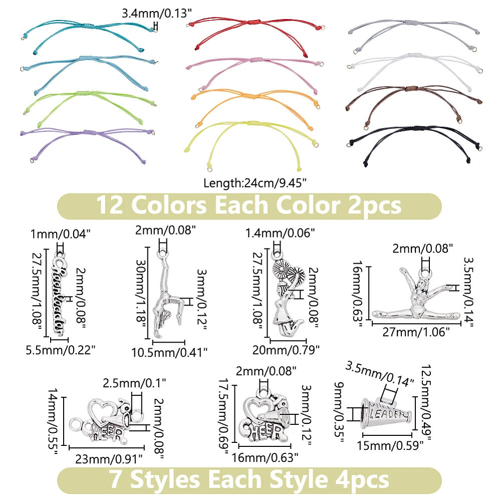 24 Sets Cheerleader Gifts Cheer Bracelet Sets 7 Styles 48Pcs Collection Gymnastics Pendants with 24Pcs Adjustable Handmade