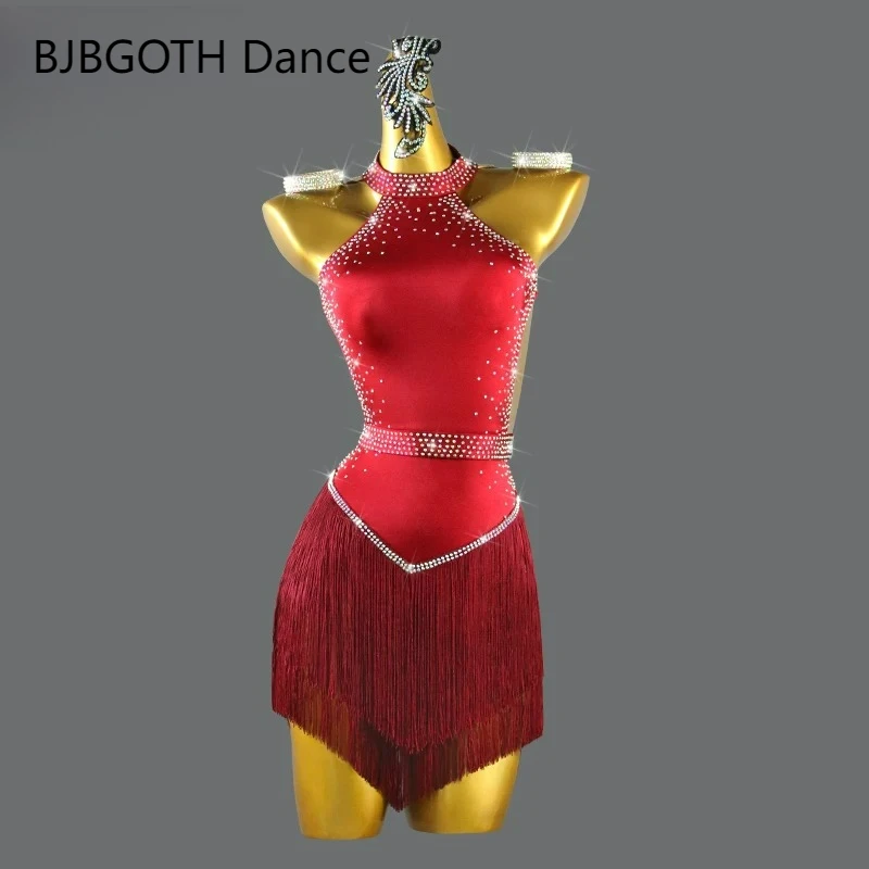 New Latin Dance Dress Sexy Ballroom Match Clothes Sport Wear Practice Fringe Short Skirt Prom Costume Party Line Suit Customized