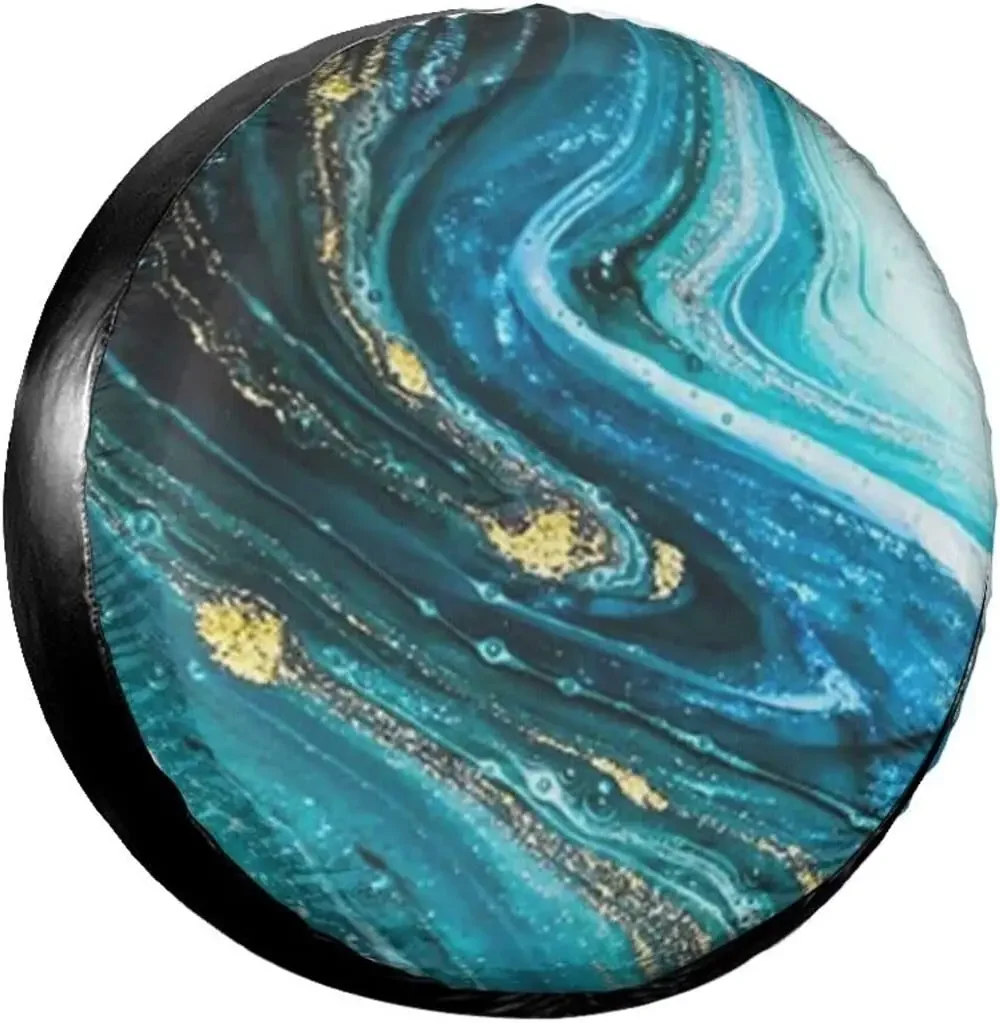 Turquoise Blue Gold Marble Print Spare Tire Cover Waterproof Universal Wheel Cover Dust-Proof Tire Wheel Protector 14