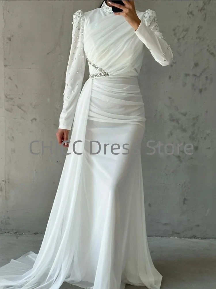 Мусульманские вечерние платья с высоким воротом и длинным рукавом, женское платье русалки со шлейфом и бисером, плиссированное вечернее платье для выпускного вечера по индивидуальному заказу