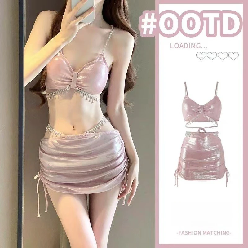 2025 Nuevo bikini de tres piezas para mujer - Traje de baño dividido sexy de gama alta con diamantes de imitación Traje de baño de aguas termales para vacaciones en la playa con cubierta