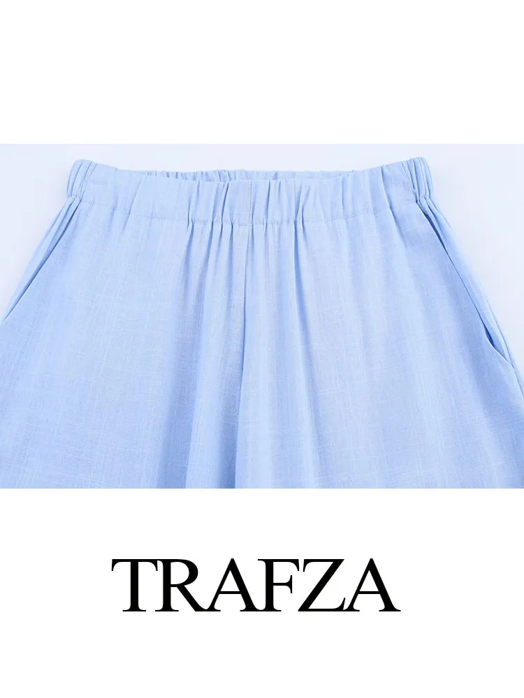 

TRAFZA Women Fashion Versatile Blue Lapel Long Sleeves Single-Breasted Slim Blazers Top+Elegant Elastic Waist Pockets Casual Set