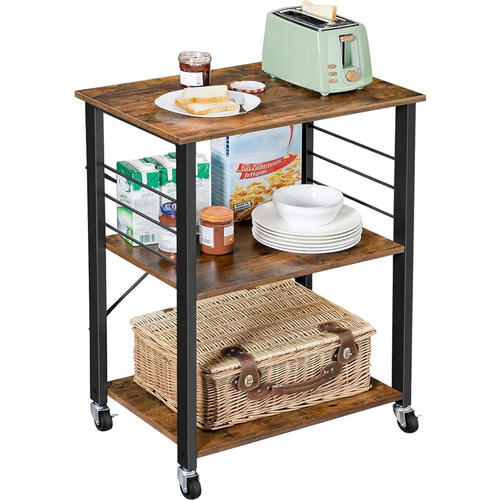 

Kitchen Shelf on Wheels, Serving Cart with 3 Shelves, Kitchen Cart, Microwave Shelf, for Mini Oven, Toaster, with 6 Hooks, Indu