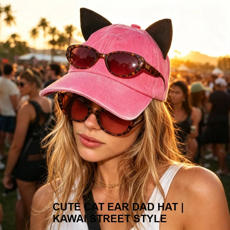 Washed Retro Cat Ear Baseball Cap Women Vintage Distressed Cute Animal Ear Dad Hat Adjustable Kawaii Streetwear Outdoor Sun Hats