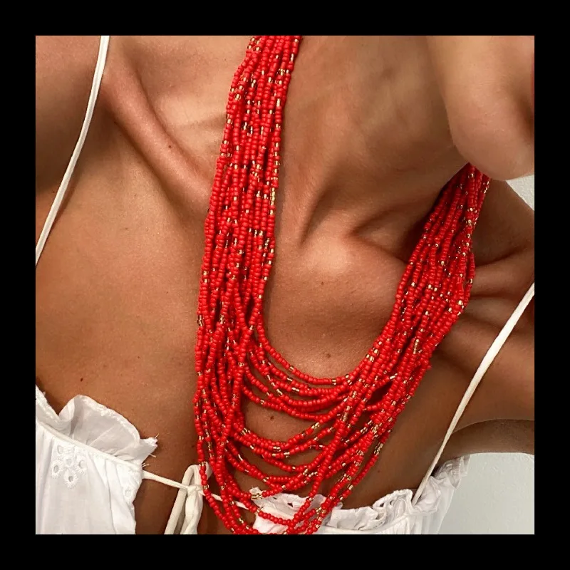 

Bohemian Exaggerated Millet Bead Neck Chain, Exotic Multi-layer Stacked Necklace