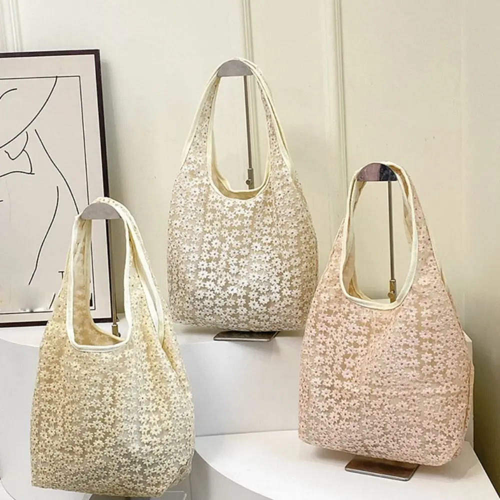 

Sweet Solid Color Floral Tote Bag Korean Style Lace Underarm Bag Large Capacity Ballet Style Canvas Shoulder Bag Daily