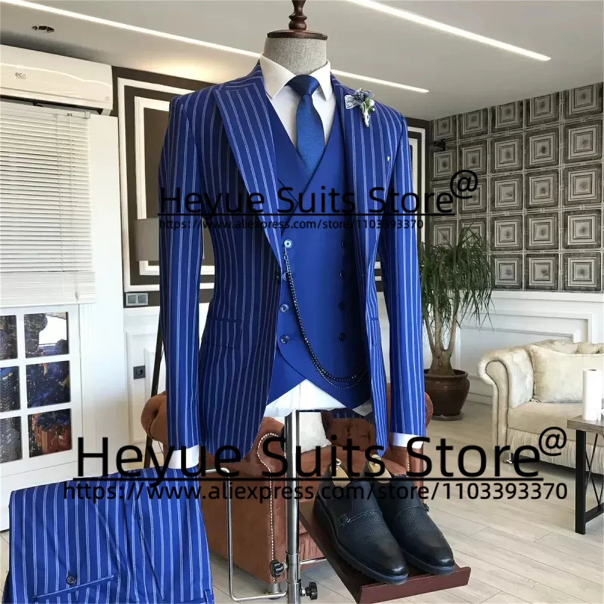 

Business Stripe Men Suits Slim Fit Peak Lapel Groom Prom Tuxedos Elegant Jacket+Double-breasted Vest+Gentle Pants Costume Homme