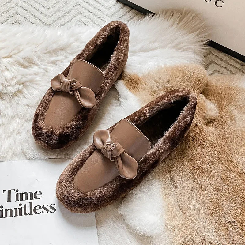 Winter White Wool Shoes Woman Sheep Fur Flats Bowknot Mocasines Plush Cotton Snow Boots Femme Hiver Lambswool Loafers