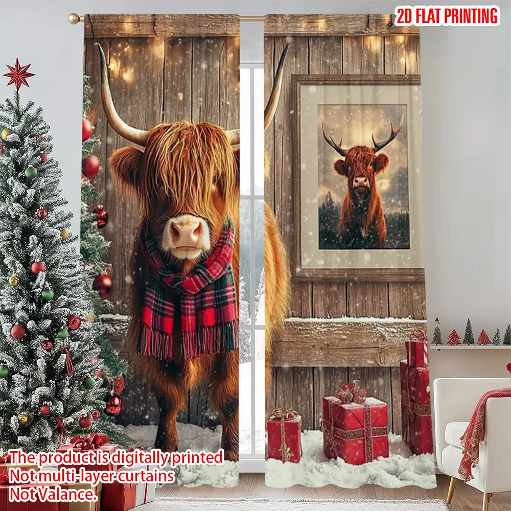 

2pcs 2D flat printing Merry Christmas Popular Party Window Curtains Farm Christmas scene Versatile 100% Polyester Without