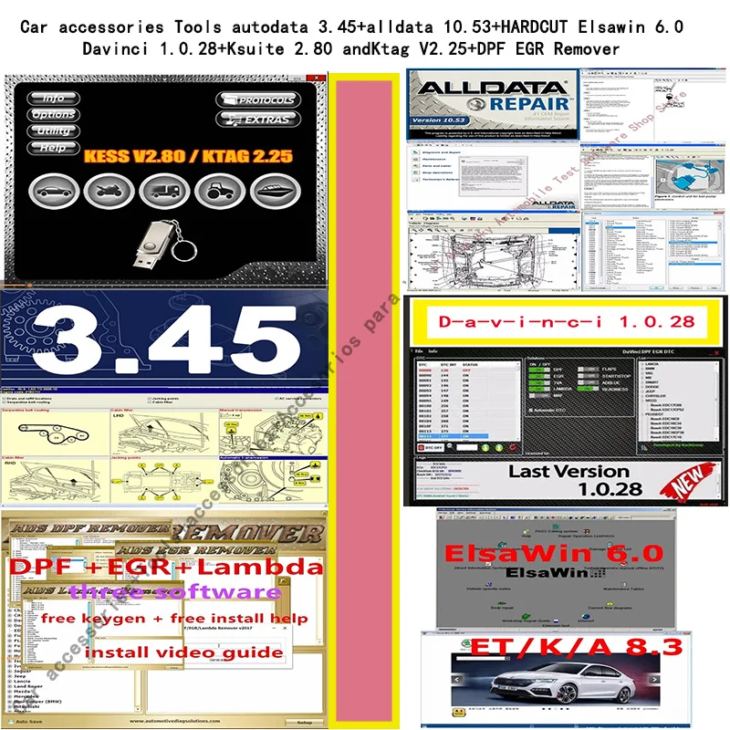 

Car accessories Tools autodata 3.45+alldata 10.53+HARDCUT Elsawin 6.0 Davinci 1.0.28+Ksuite 2.80 andKtag V2.25+DPF EGR Remover