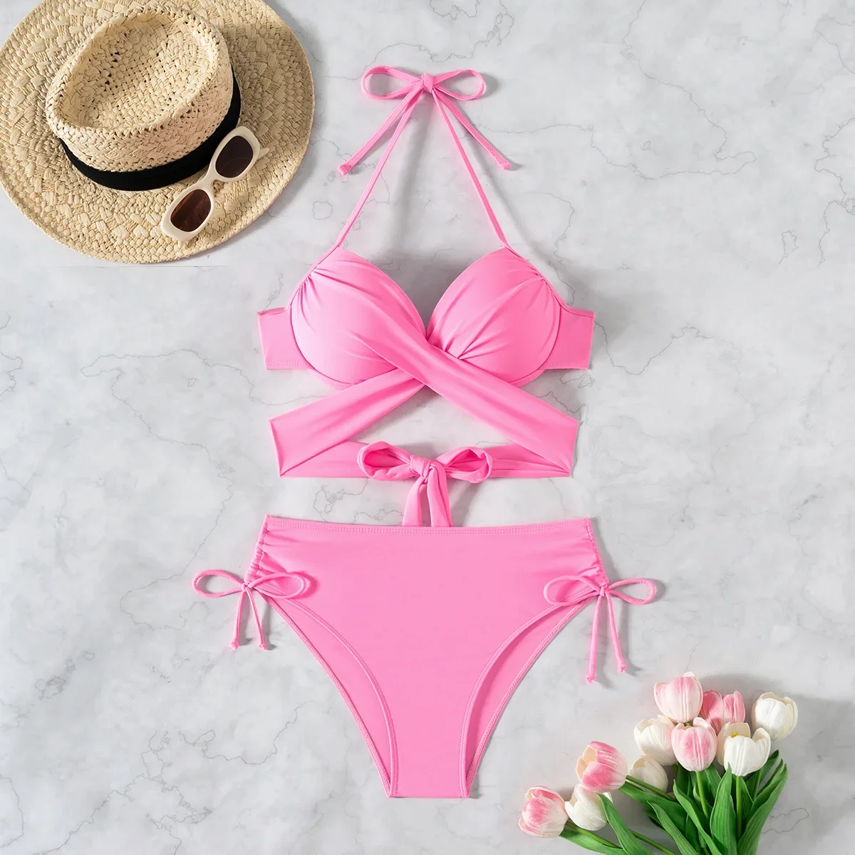 جديد مثير الصليب التفاف رفع البيكينيات 2025 النساء ملابس السباحة الإناث قطعتين الوردي عالية الخصر مجموعة البكيني الاستحمام ثوب السباحة #5
