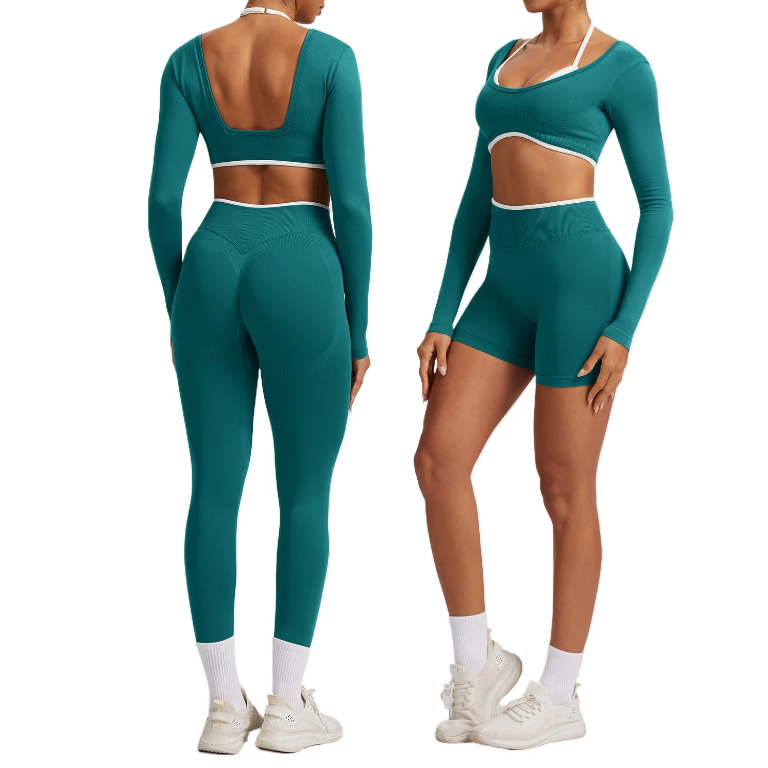 Custom LOGO Women's Seamless White Hemming Yoga Hollow Beauty Back High Waist Fitness Suit Sports Running Two-piece Set