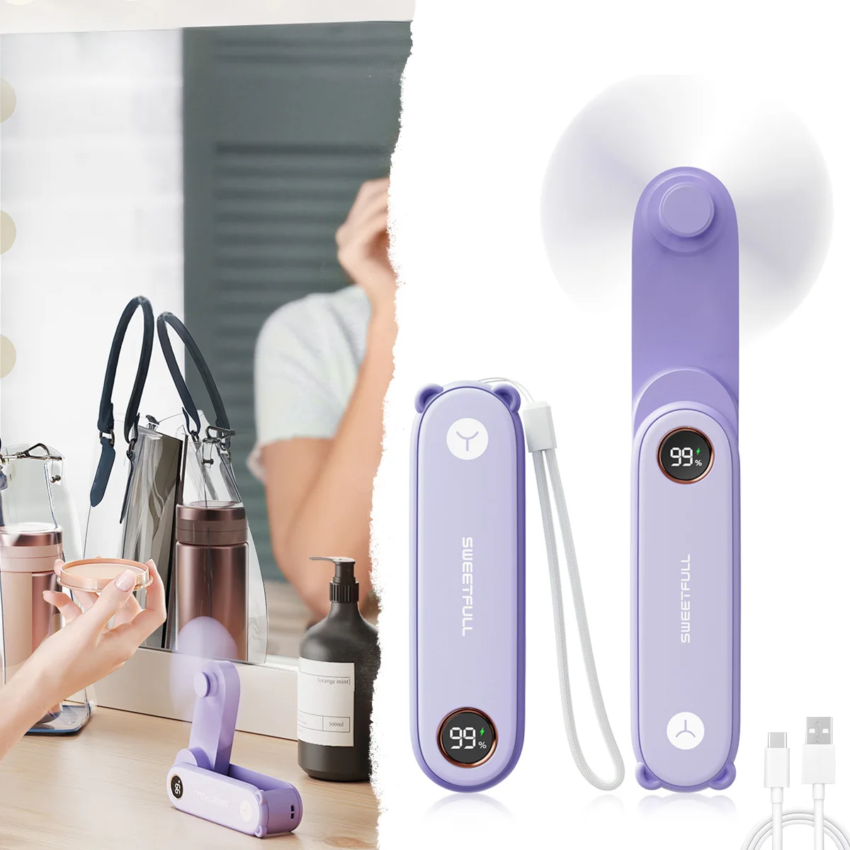 

Portable Mini Handheld Fan 1500mAh 3-Speed Settings Foldable Cooling Fan with Light Ideal for Summer Outdoors and Travel