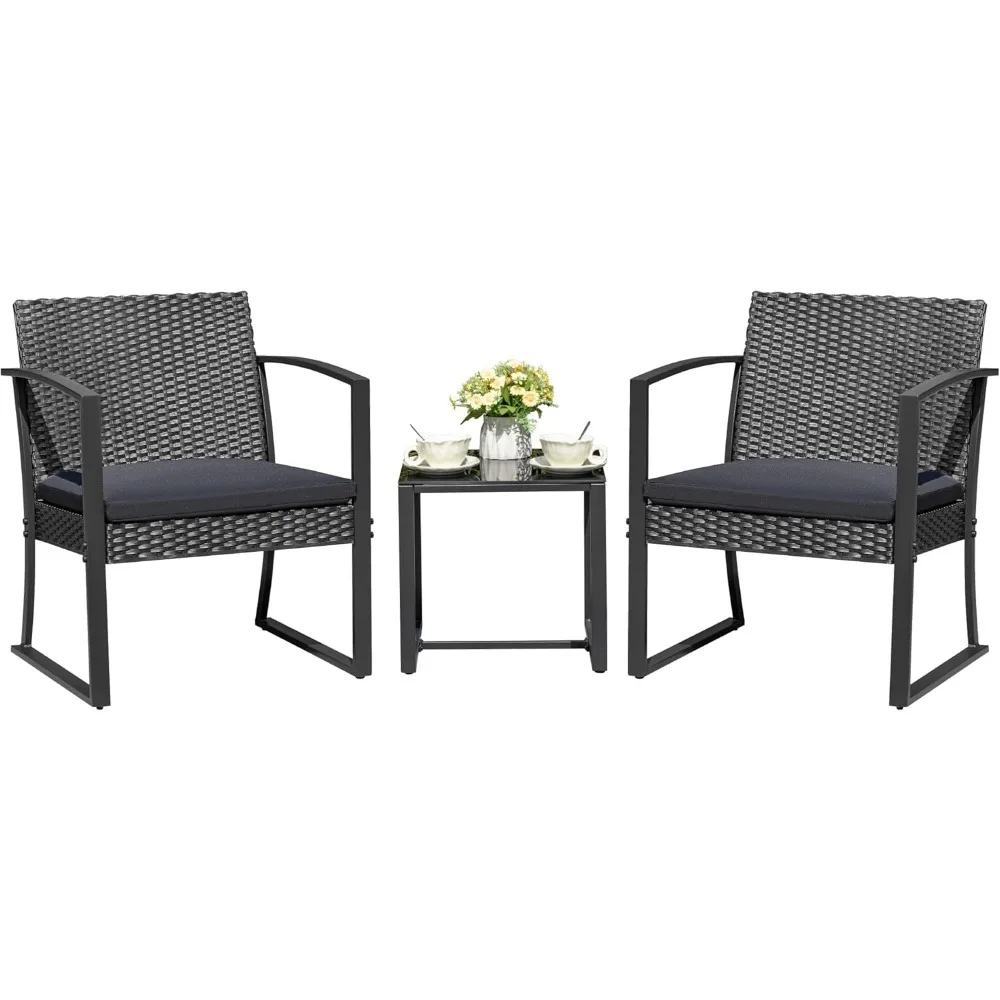 

PP Patio Furniture Set 3 Piece All Weather Outdoor Bistro Chairs with Cushions and Coffee Table for Outside Garden Balcony Porc
