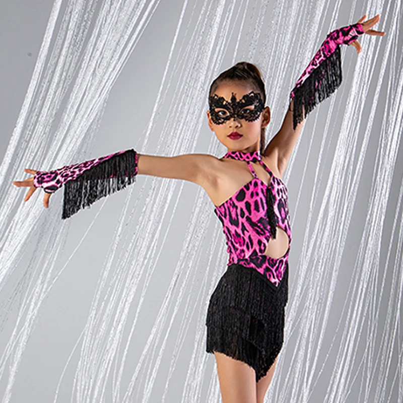 New Girls Latin Dance Clothes Pink Leopard Fringe Dress Performance Suit Kids Cha Cha Rumba Samba Dance Dress Costume DNV17619