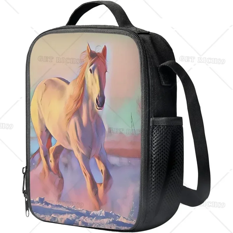 White Horse Insulated Lunch Bags for Women Men 3D Horse Animal Print Lunch Box Reusable Portable Meal Tote Bag for Work School