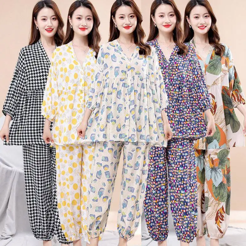 

Summer New Style Cotton Silk Sleepwear Women's Loose Open Cardigan Home Clothes Set Seven Sleeve Artificial Cotton Maternity
